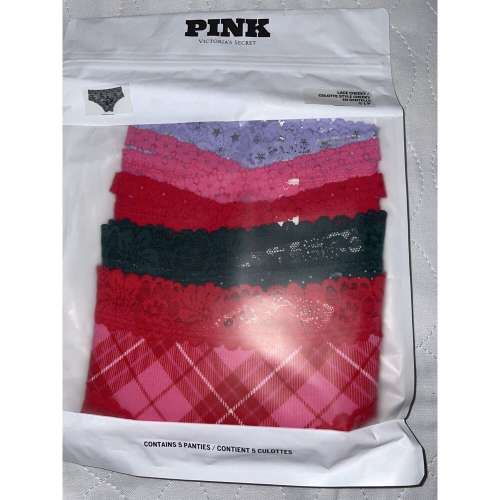 VICTORIA'S SECRET PINK 5-Pack Lace Cheeky Panties Sz S red plaid NWT Sexy